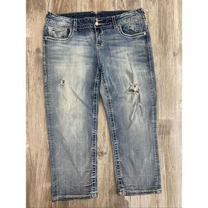 Vigoss Chelsea Capri Jeans Distressed Rhinestones Light Wash Women’s Sz 15/16